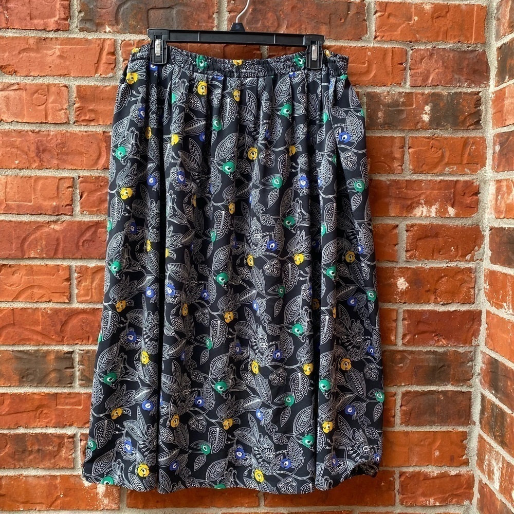 Vintage Womens 12 Black Floral Paisley Pleated Midi Prairie Long Skirt